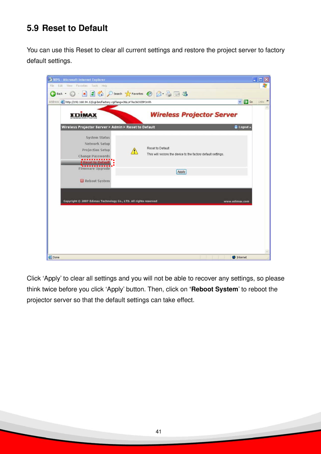 Edimax Technology WP-S1000 user manual Reset to Default 