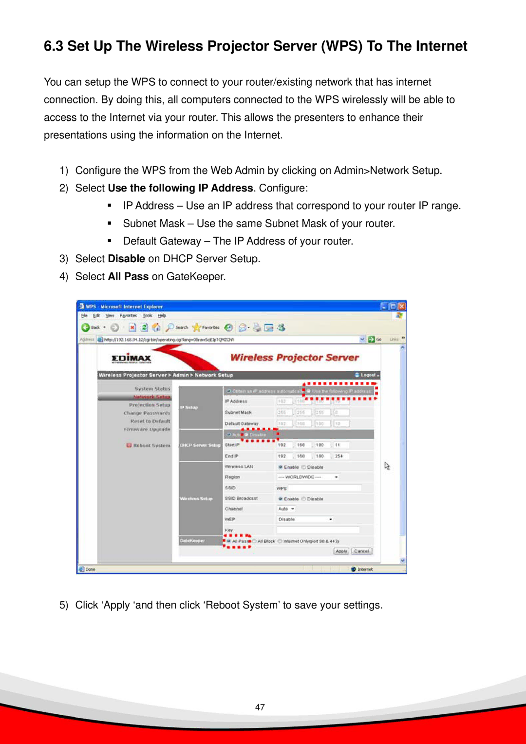 Edimax Technology WP-S1000 user manual Set Up The Wireless Projector Server WPS To The Internet 