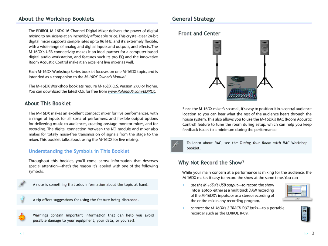 Edirol M-16DX About the Workshop Booklets, About This Booklet, General Strategy Front and Center, Why Not Record the Show? 