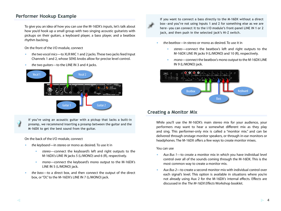 Edirol M-16DX manual Performer Hookup Example, Creating a Monitor Mix 