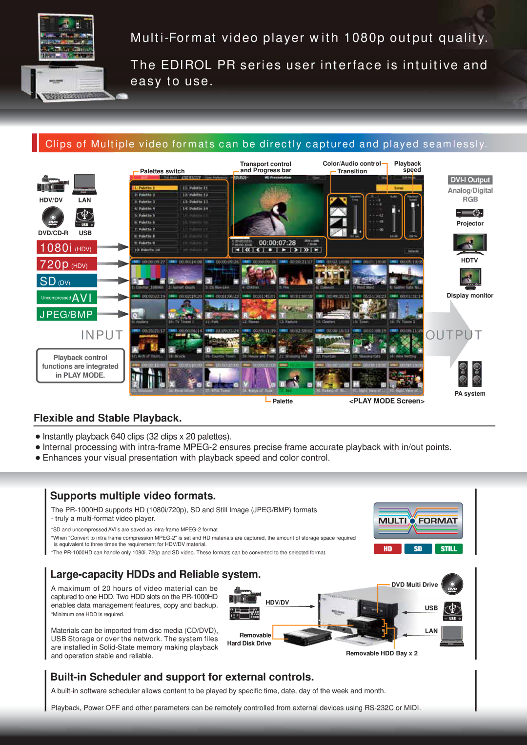 Edirol PR-1000HD Flexible and Stable Playback, Supports multiple video formats, Large-capacity HDDs and Reliable system 