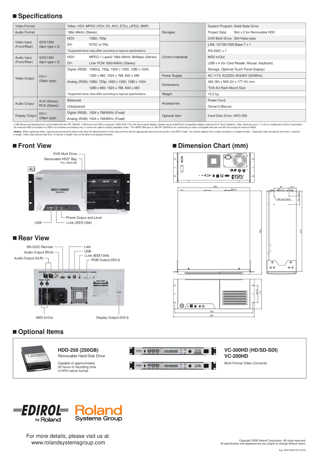 Edirol PR-1000HD manual Specifications, Front View Dimension Chart mm, Rear View, Optional Items 