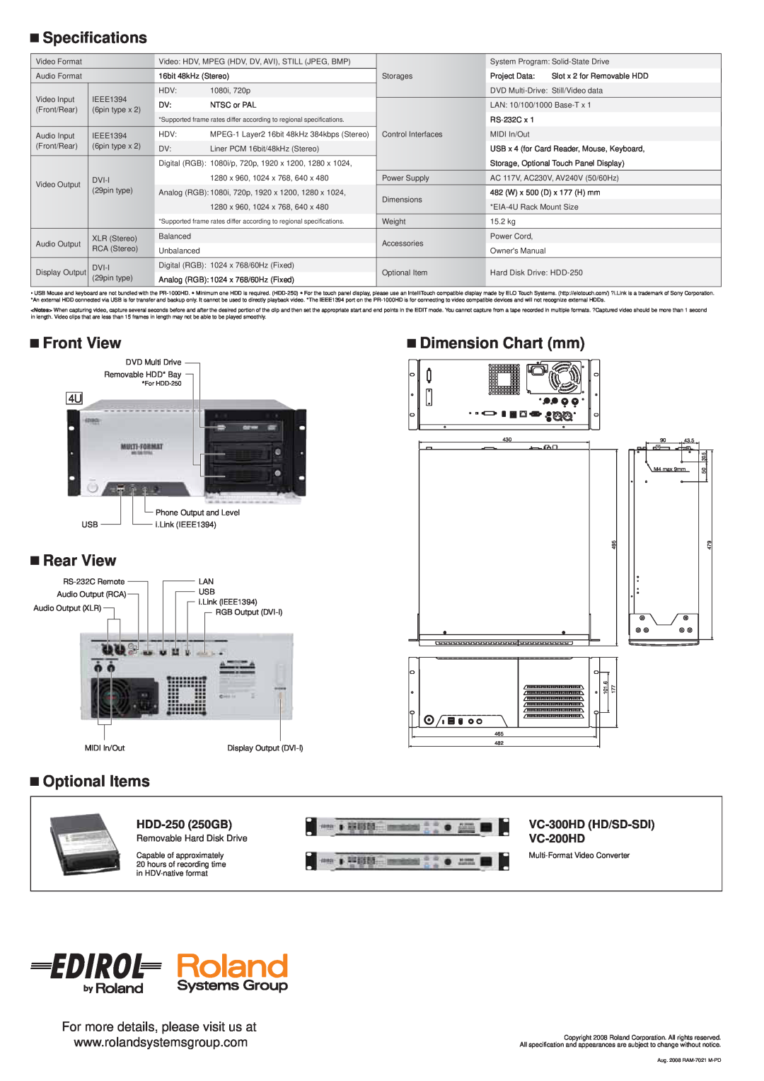 Edirol PR-1000HD manual Specifications, Front View, Dimension Chart mm, Rear View, Optional Items, HDD-250 250GB, VC-200HD 