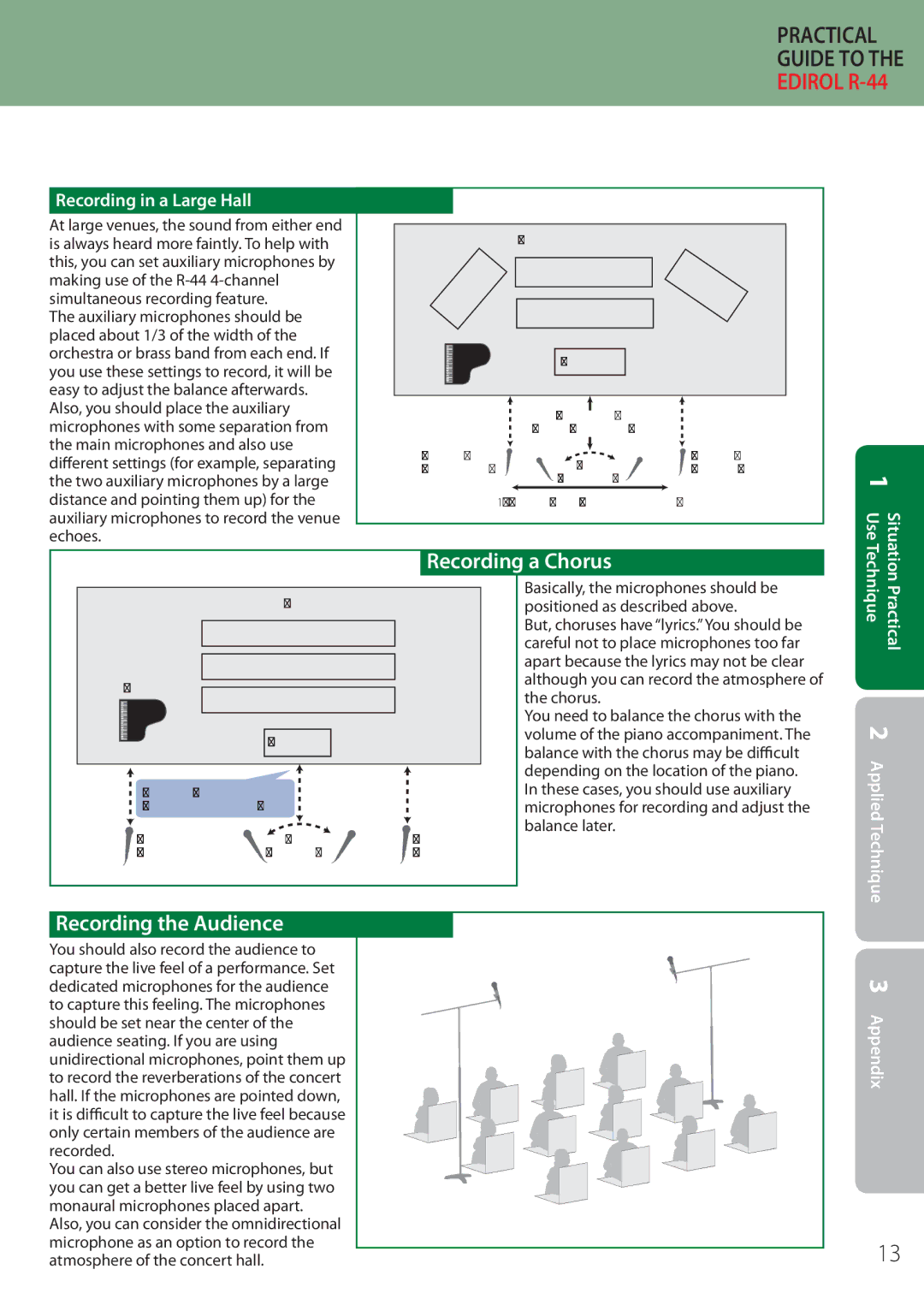 Edirol R-44 manual Recording the Audience, Recording a Chorus, Recording in a Large Hall 