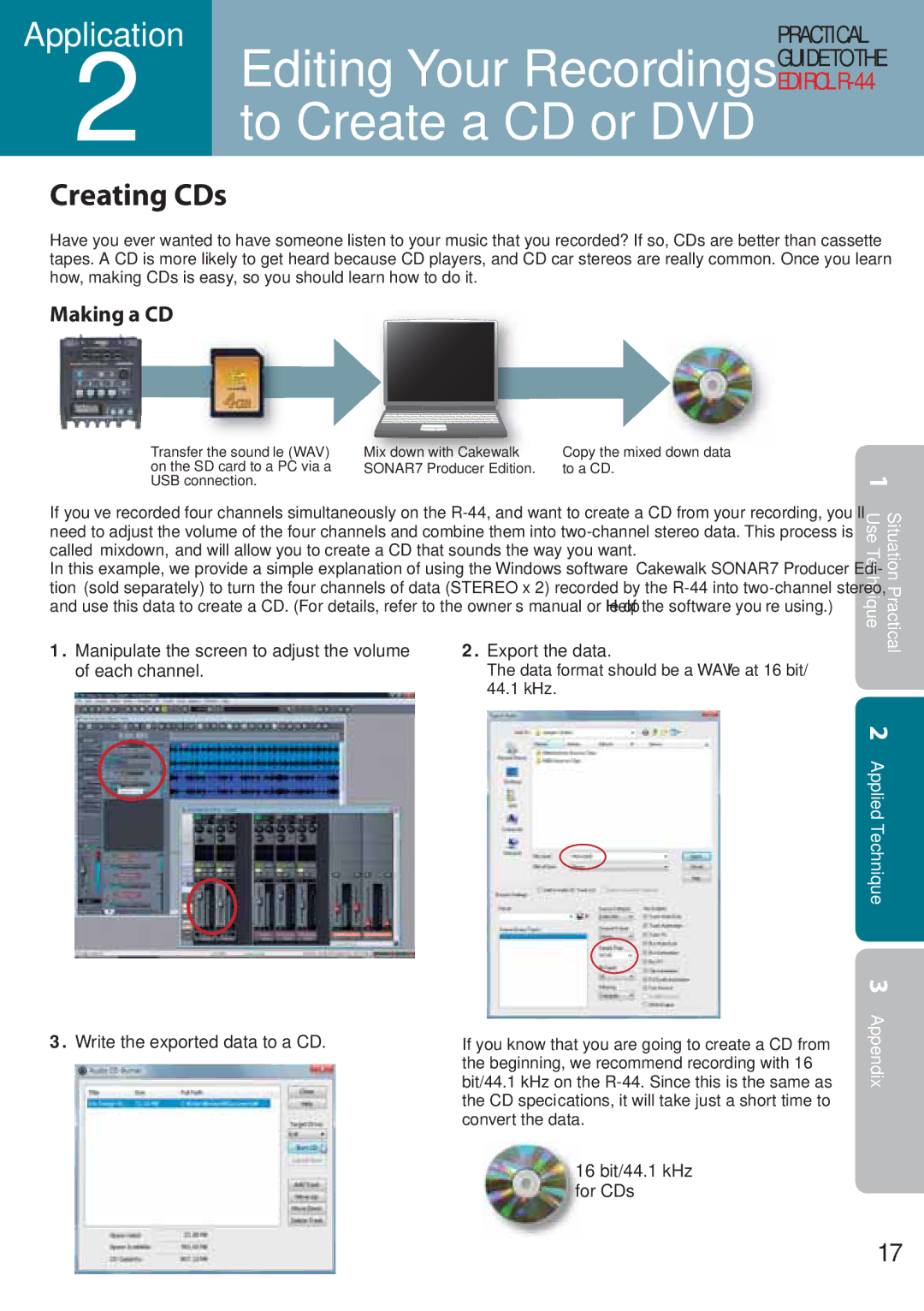 Edirol R-44 manual Mix down withCakewalk, Beginning, we recommend recording with 