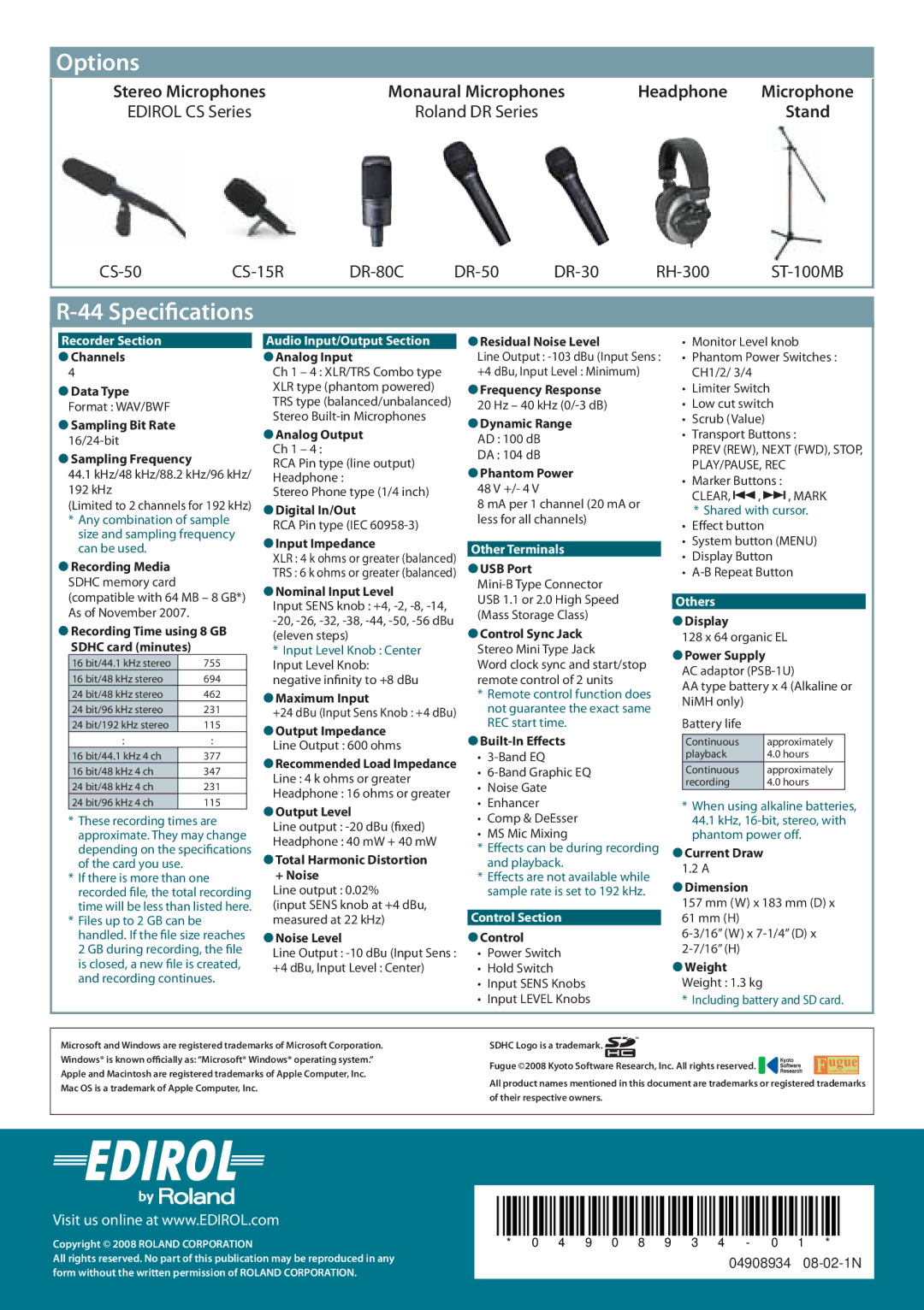 Edirol R-44 manual Options, Specifications, ST-100MB 