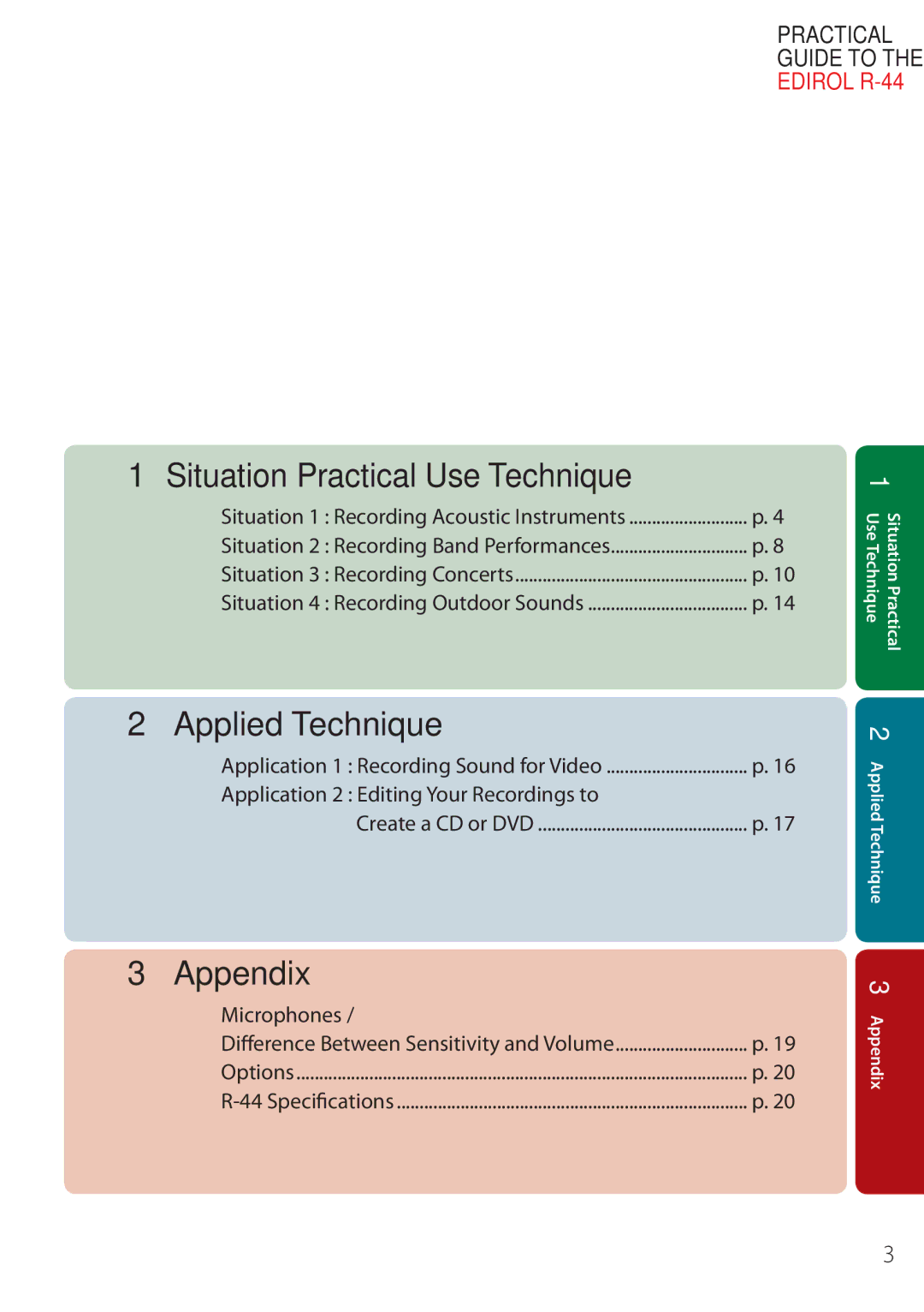 Edirol R-44 manual Situation Practical Use Technique, Specifications 