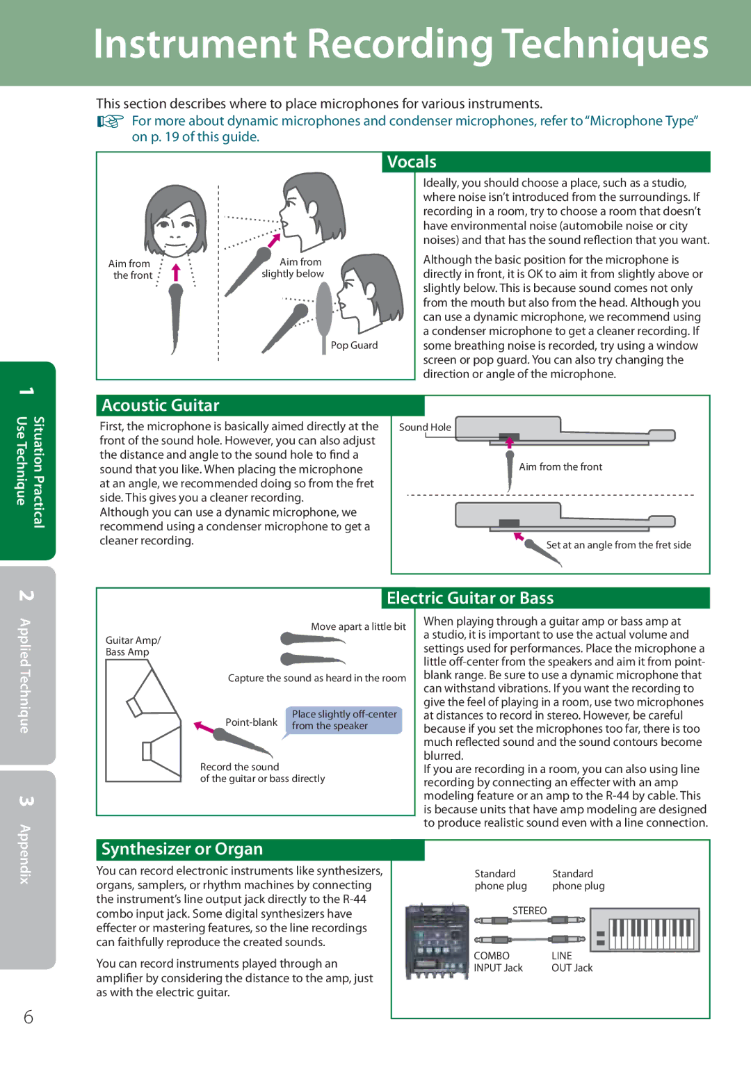 Edirol R-44 manual Vocals, Acoustic Guitar, Electric Guitar or Bass, Synthesizer or Organ, Applied Technique 