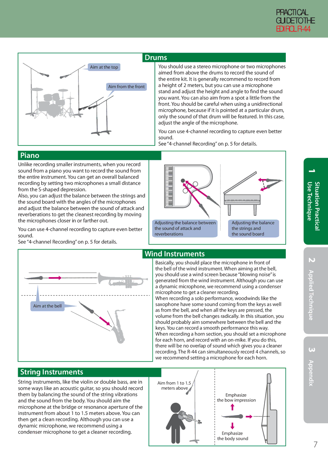 Edirol R-44 manual Drums, Piano, Wind Instruments, String Instruments, When recording a solo performance, woodwinds like 