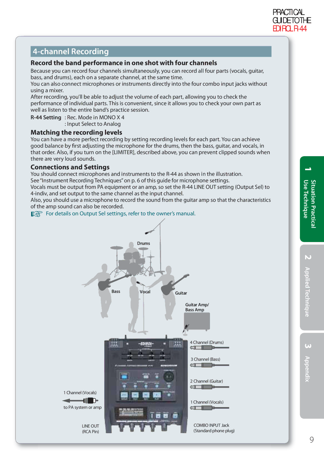 Edirol R-44 manual Record the band performance in one shot with four channels, Matching the recording levels 