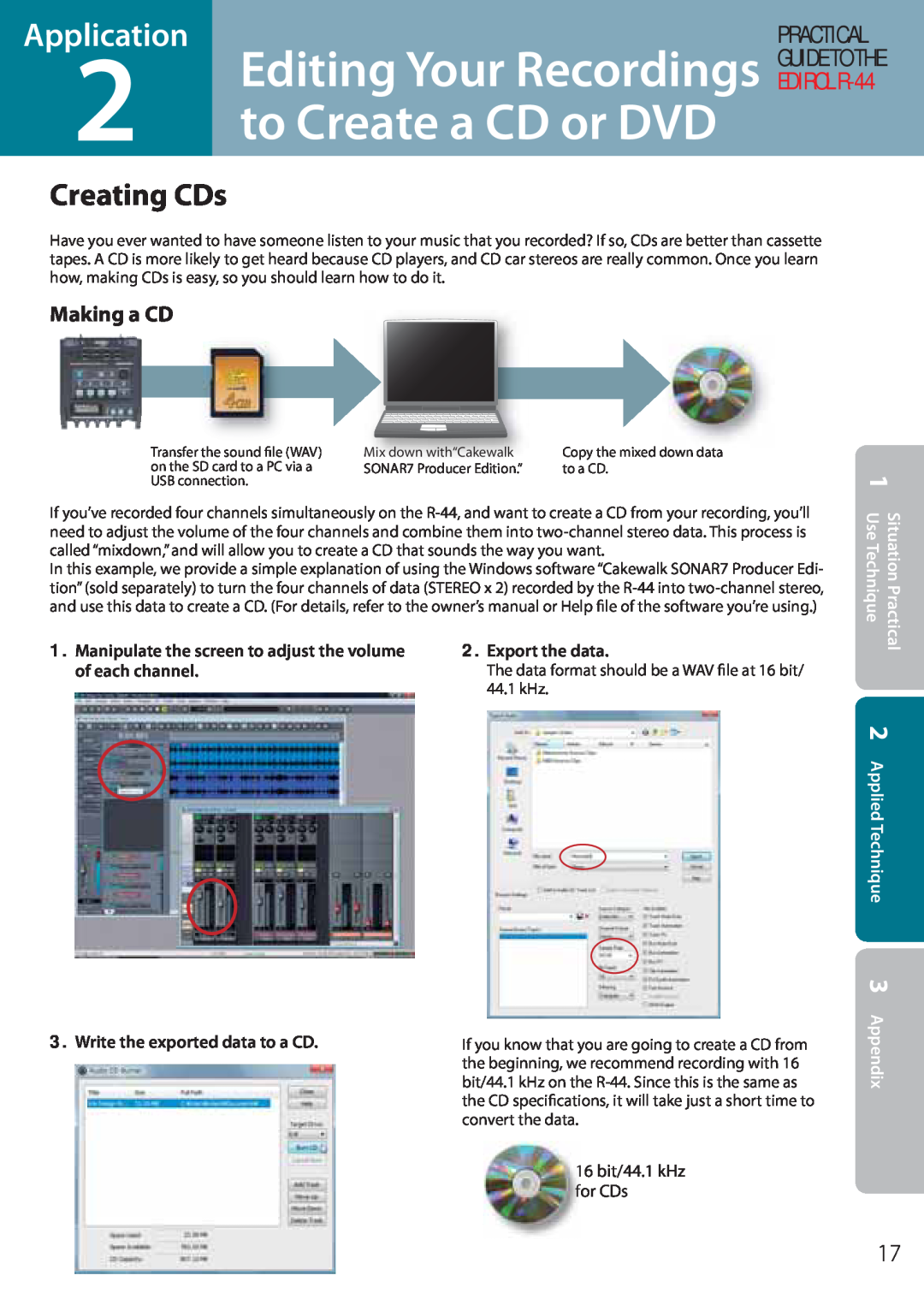 Edirol R-44 Editing Your Recordings to Create a CD or DVD, Creating CDs, Export the data, of each channel, Application 