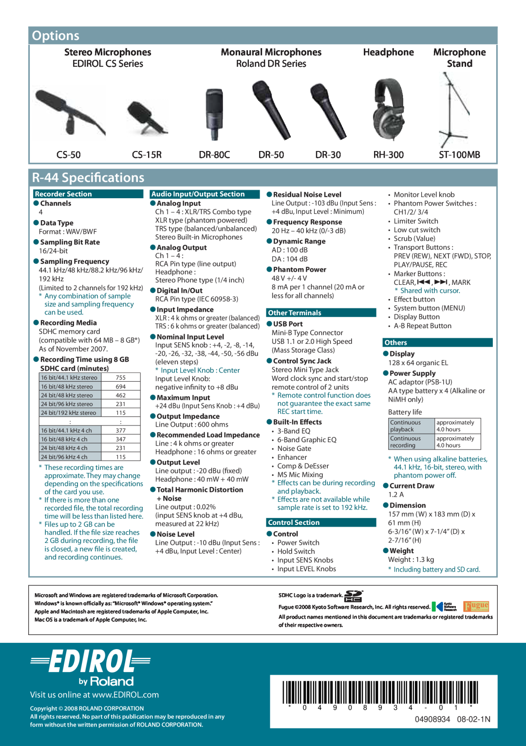Edirol manual Options, R-44 Specifications, Headphone, Stereo Microphones, Monaural Microphones, Roland DR Series, Stand 