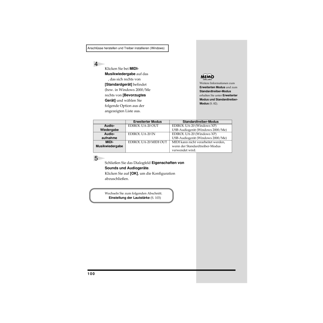 Edirol UA-20 owner manual Musikwiedergabe auf das, Sounds und Audiogeräte, 100 