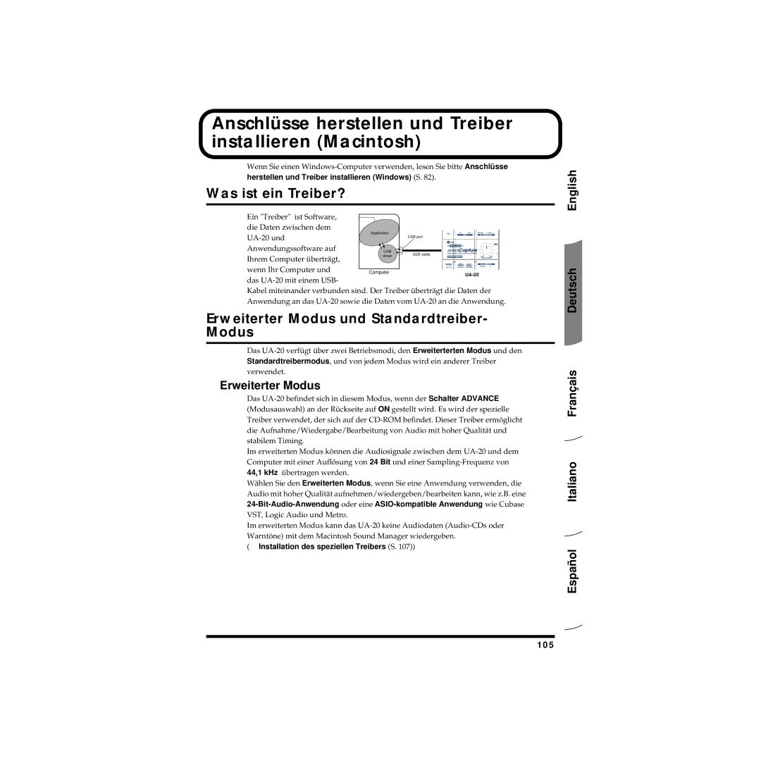 Edirol UA-20 Anschlüsse herstellen und Treiber installieren Macintosh, Erweiterter Modus und Standardtreiber- Modus, 105 