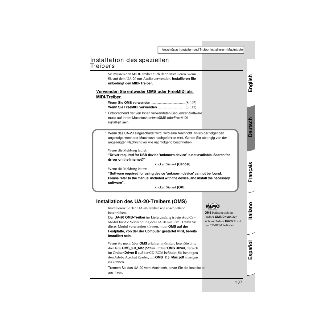 Edirol owner manual Installation des UA-20-Treibers OMS, Verwenden Sie entweder OMS oder FreeMIDI als MIDI-Treiber, 107 