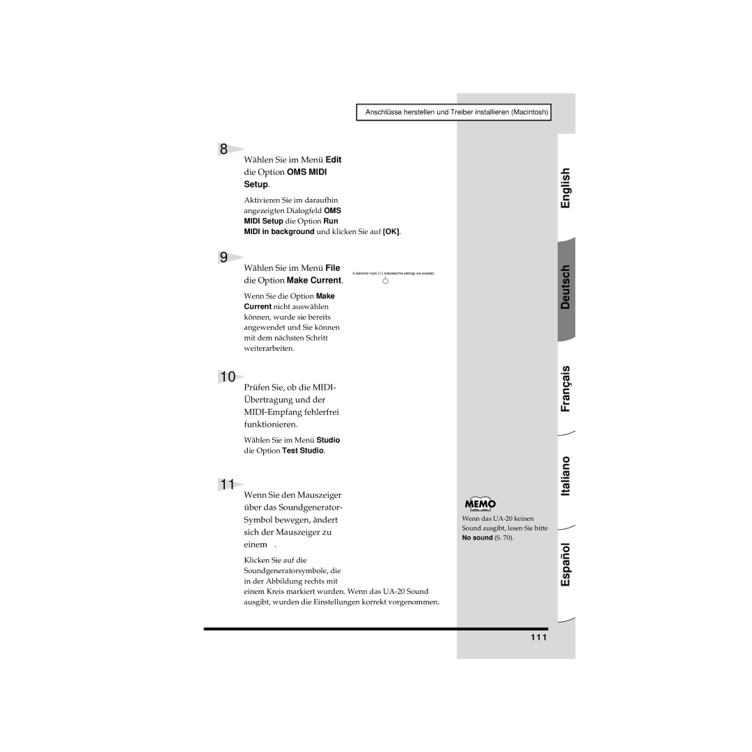 Edirol UA-20 owner manual Wählen Sie im Menü Edit die Option OMS Midi, Wählen Sie im Menü File Die Option Make Current, 111 