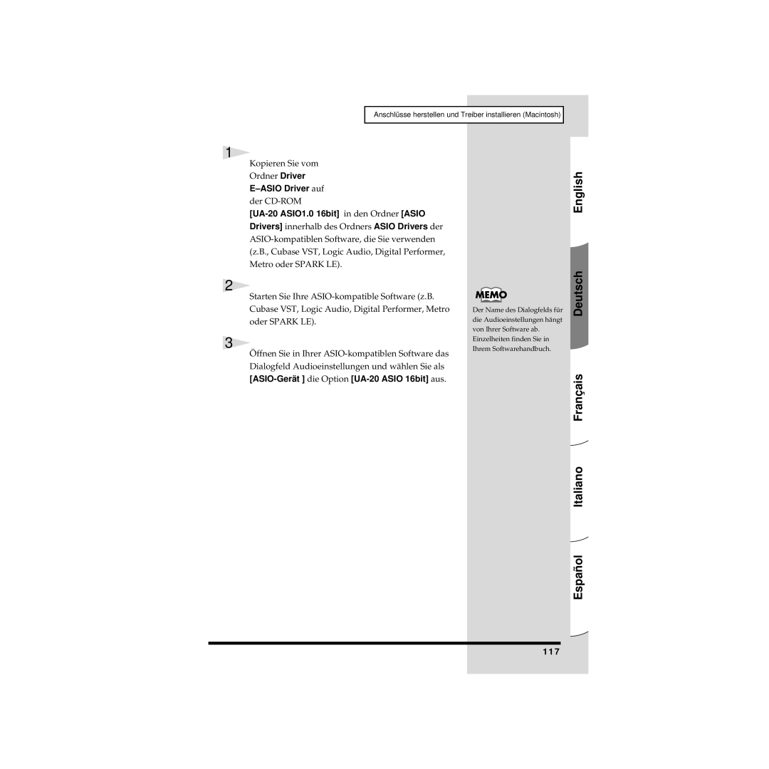 Edirol UA-20 owner manual Kopieren Sie vom Ordner Driver, Asio Driver auf, Der CD-ROM, 117 