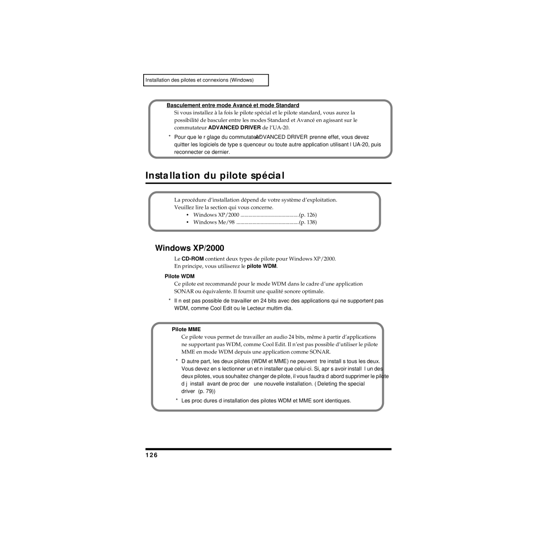 Edirol UA-20 owner manual Installation du pilote spécial, Windows XP/2000, 126 