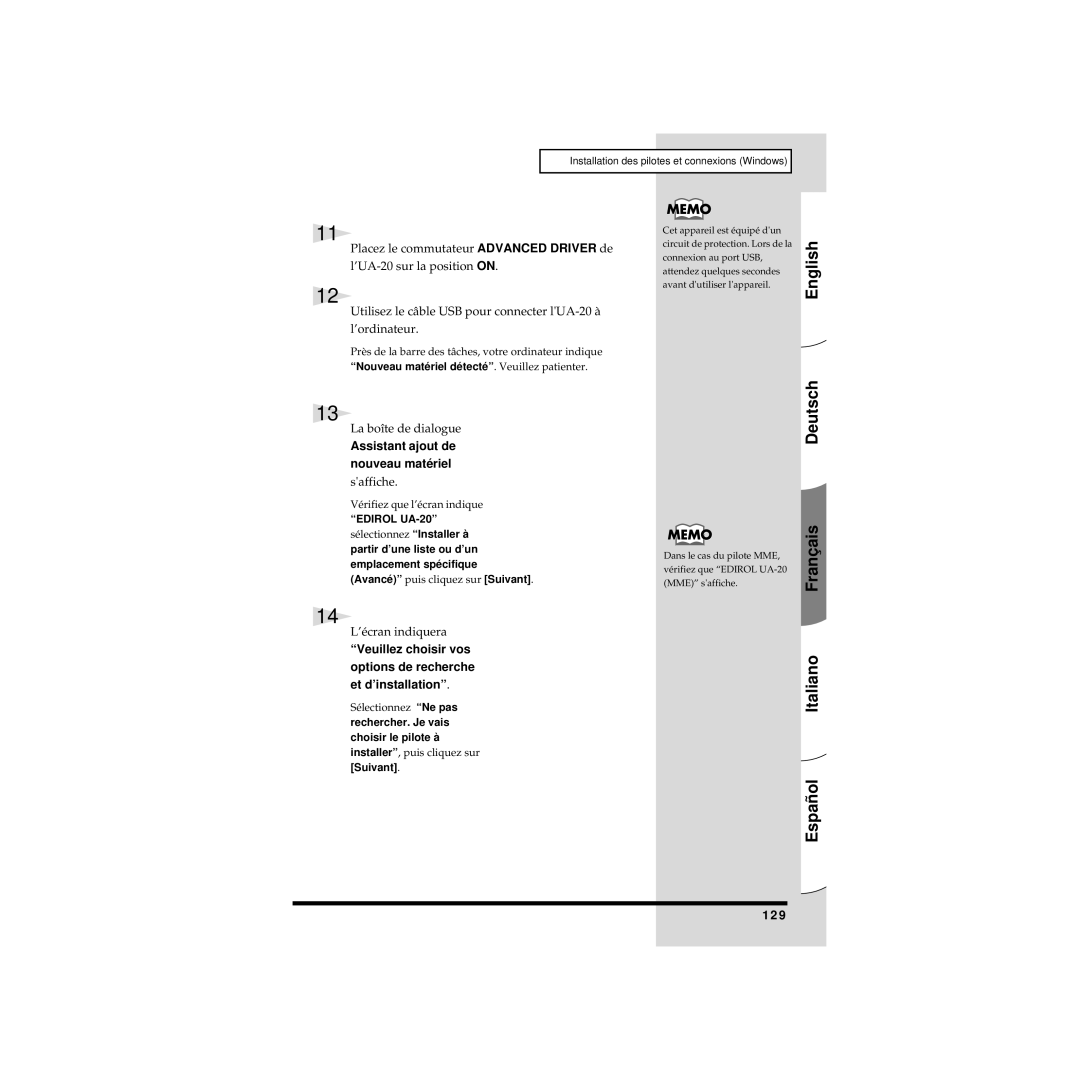 Edirol UA-20 Assistant ajout de Nouveau matériel, Veuillez choisir vos Options de recherche et d’installation, 129 