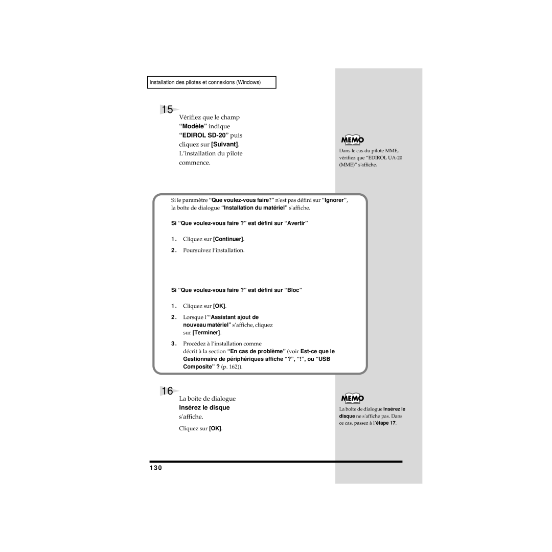 Edirol UA-20 owner manual Vérifiez que le champ, Modèle indique Edirol SD-20 puis, Insérez le disque, 130 