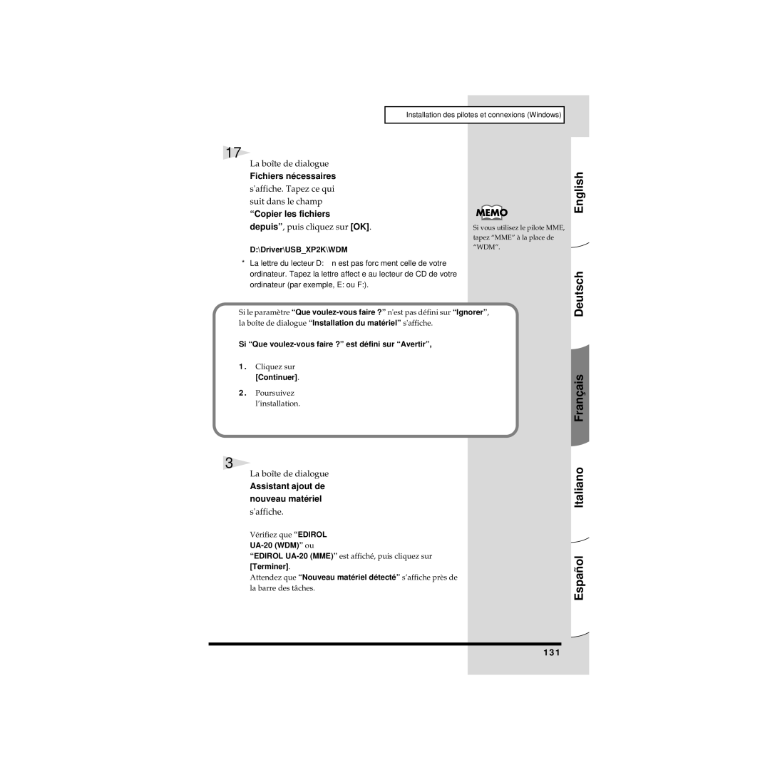 Edirol UA-20 owner manual Fichiers nécessaires, Saffiche. Tapez ce qui Suit dans le champ, Copier les fichiers, 131 