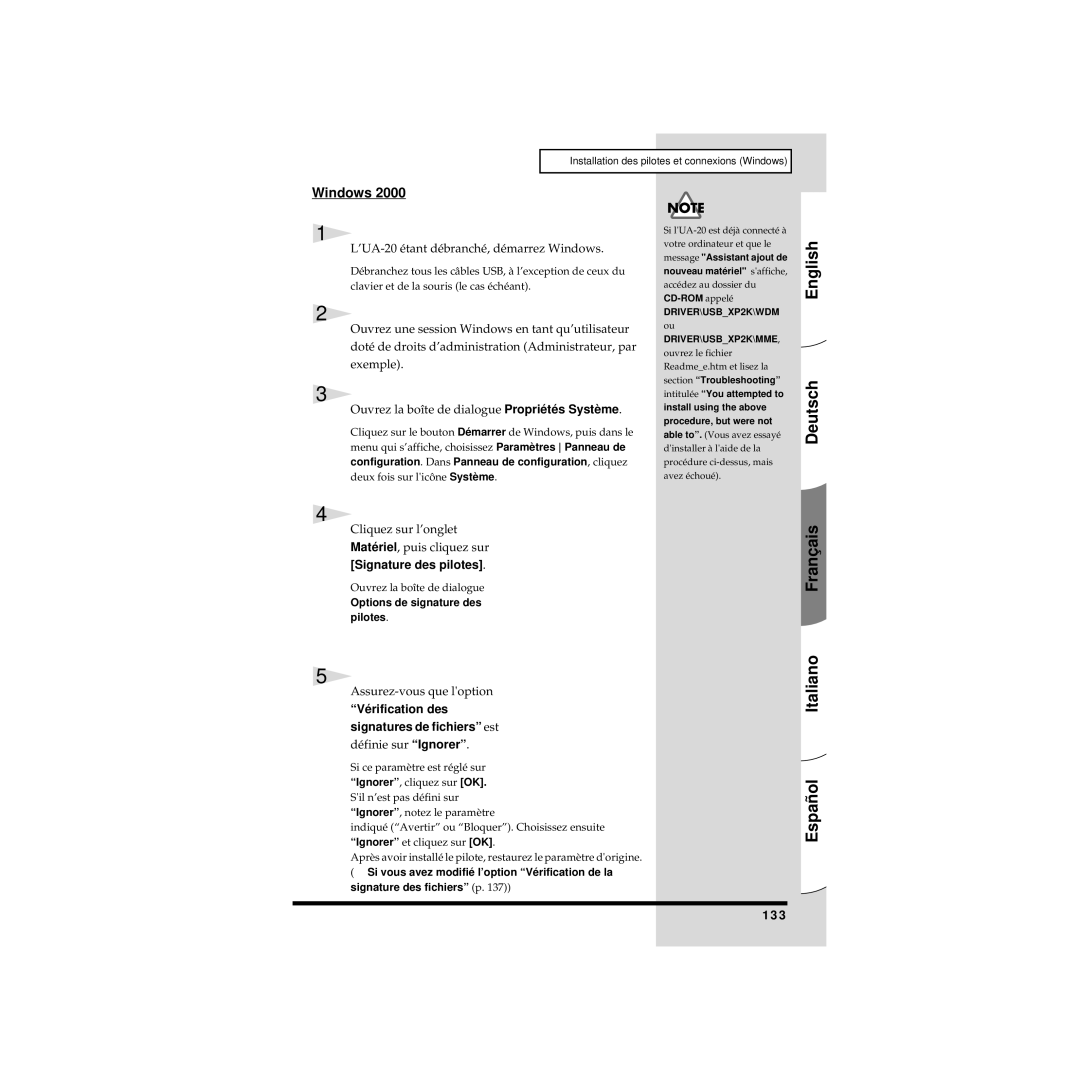 Edirol UA-20 owner manual Windows, Signature des pilotes, Vérification des signatures de fichiers est, 133 