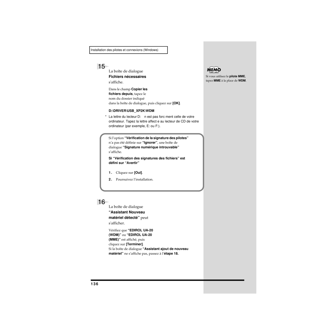 Edirol Assistant Nouveau matériel détecté peut, Safficher, 136, Vérifiez que Edirol UA-20 WDM ou Edirol UA-20 