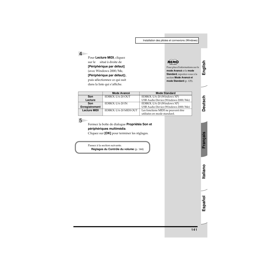 Edirol UA-20 owner manual Périphérique par défaut, Périphériques multimédia, 141 