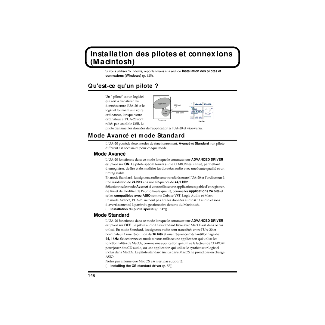 Edirol UA-20 Installation des pilotes et connexions Macintosh, Connexions Windows p, Installation du pilote spécial p 