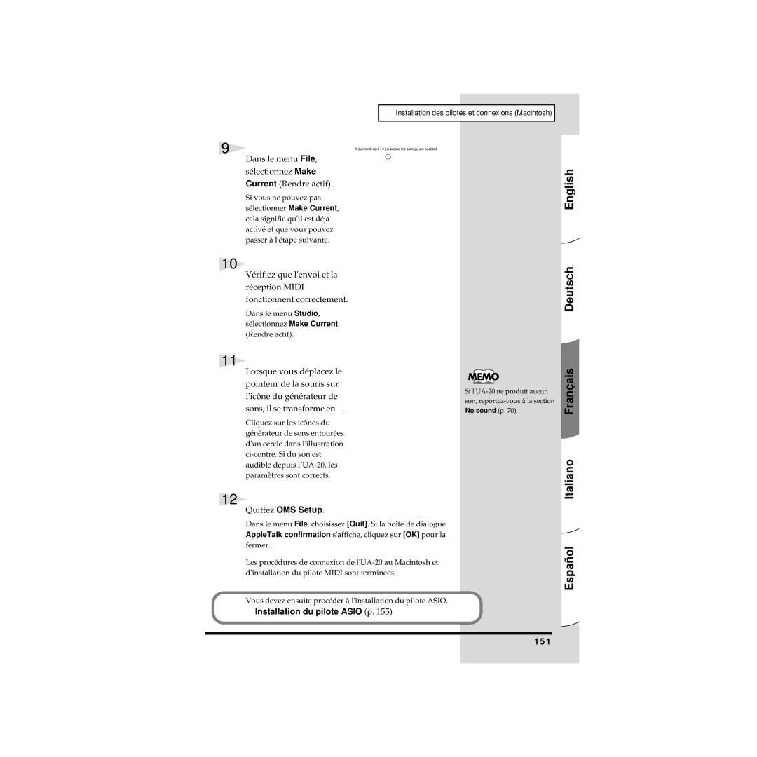 Edirol UA-20 Dans le menu File, sélectionnez Make Current Rendre actif, Quittez OMS Setup, Installation du pilote Asio p 