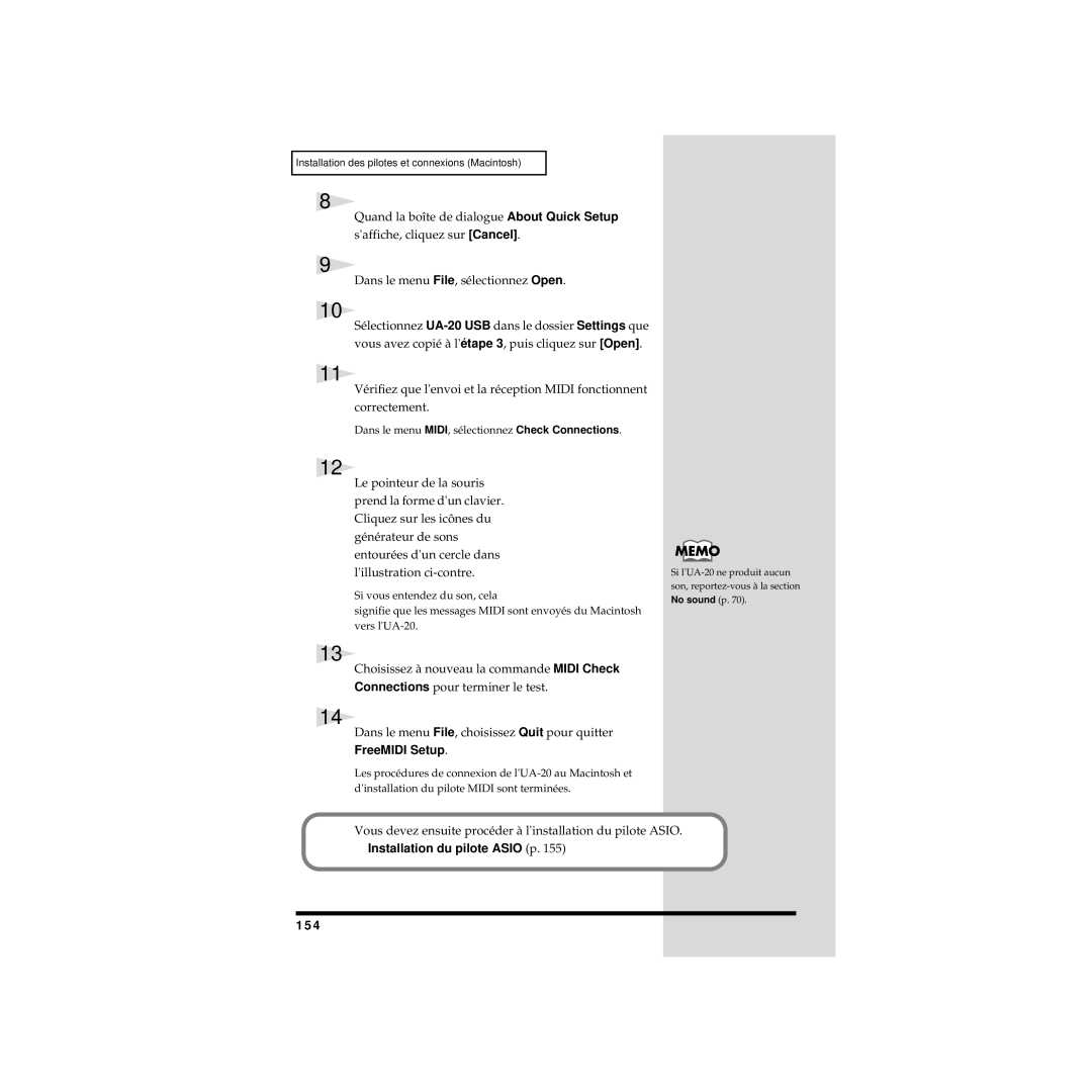 Edirol UA-20 FreeMIDI Setup, Vous devez ensuite procéder à linstallation du pilote Asio, Installation du pilote Asio p 154 