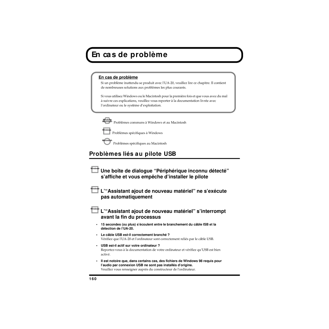 Edirol UA-20 owner manual En cas de problème, Problèmes liés au pilote USB, 160, USB est-il actif sur votre ordinateur ? 