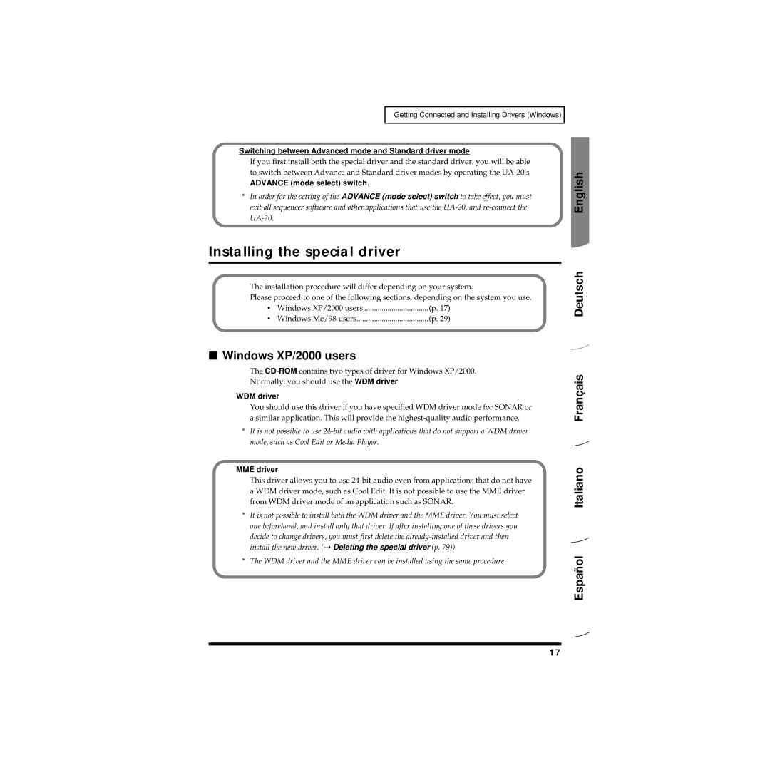 Edirol UA-20 owner manual Installing the special driver, Windows XP/2000 users, English Deutsch Français Italiano Español 