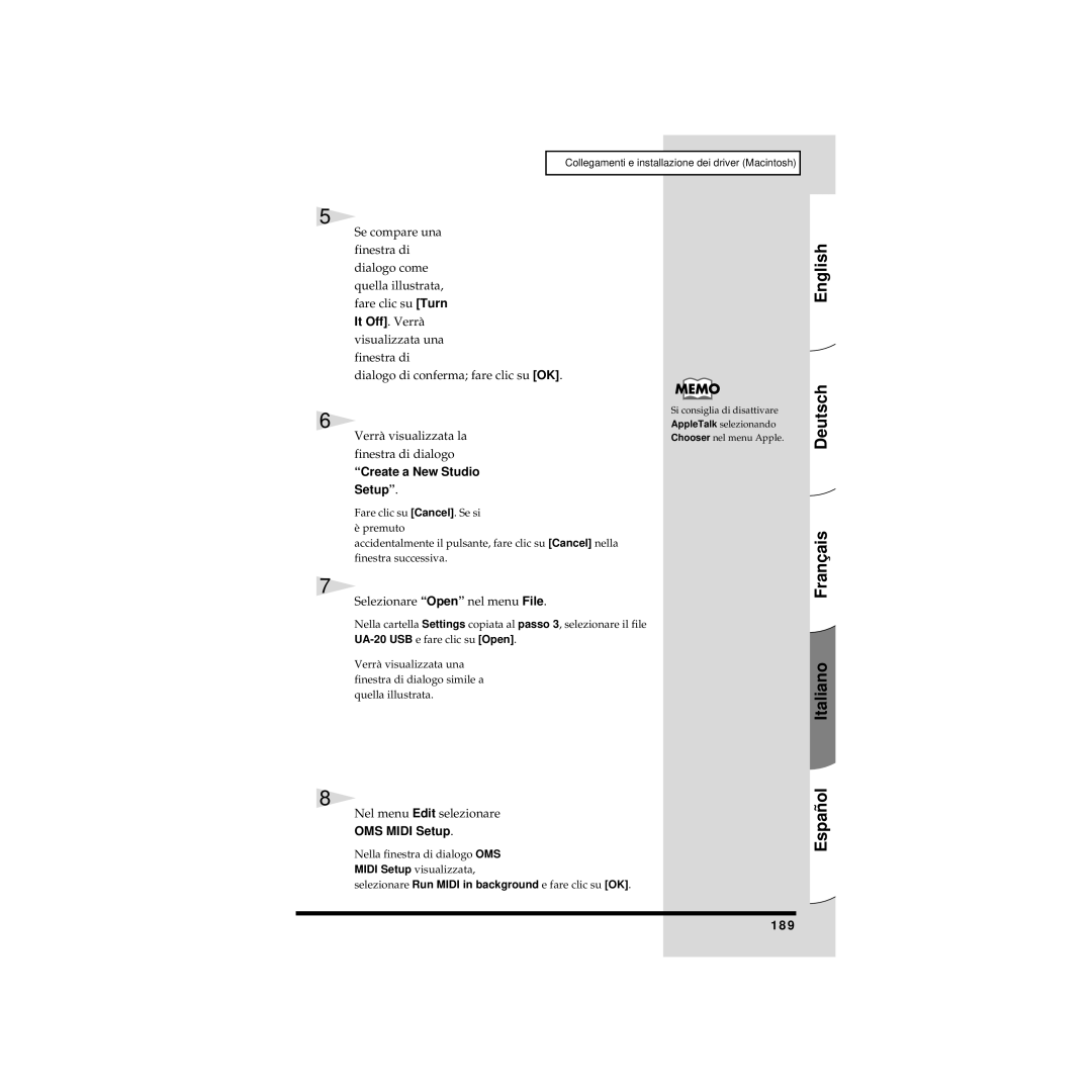 Edirol UA-20 owner manual Create a New Studio Setup, Selezionare Open nel menu File, Nel menu Edit selezionare, 189 