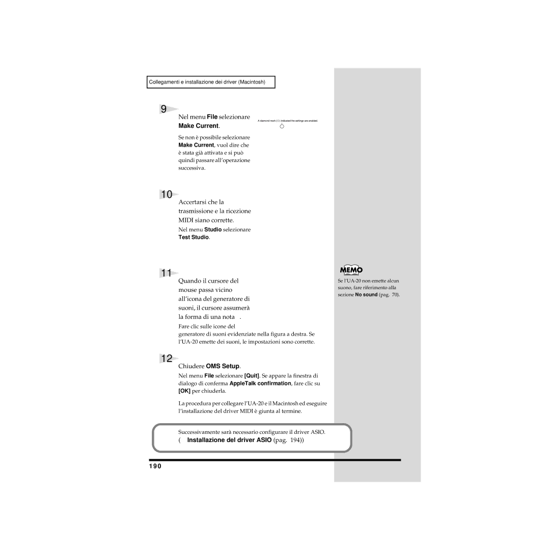 Edirol UA-20 Nel menu File selezionare, Make Current, Chiudere OMS Setup, Installazione del driver Asio pag, 190 