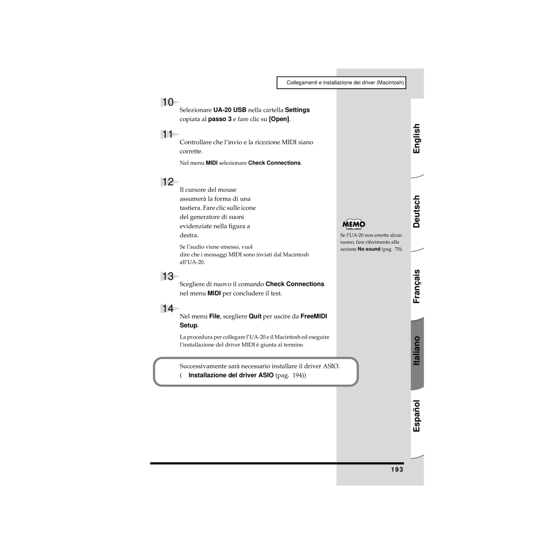 Edirol UA-20 Successivamente sarà necessario installare il driver Asio, 193, Nel menu Midi selezionare Check Connections 