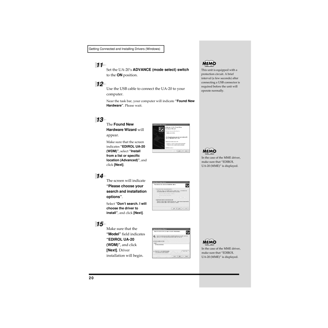 Edirol UA-20 owner manual Found New Hardware Wizard will, Please choose your Search and installation options 