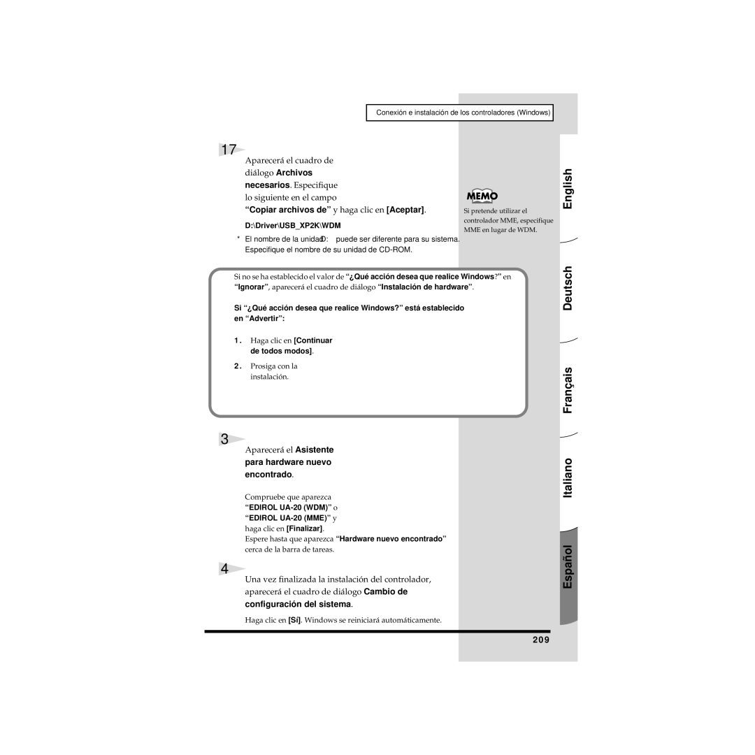 Edirol UA-20 owner manual Copiar archivos de y haga clic en Aceptar, Configuración del sistema, 209 