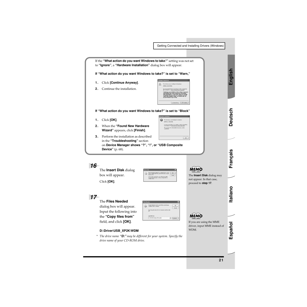 Edirol UA-20 owner manual Insert Disk dialog, Files Needed, Copy files from 