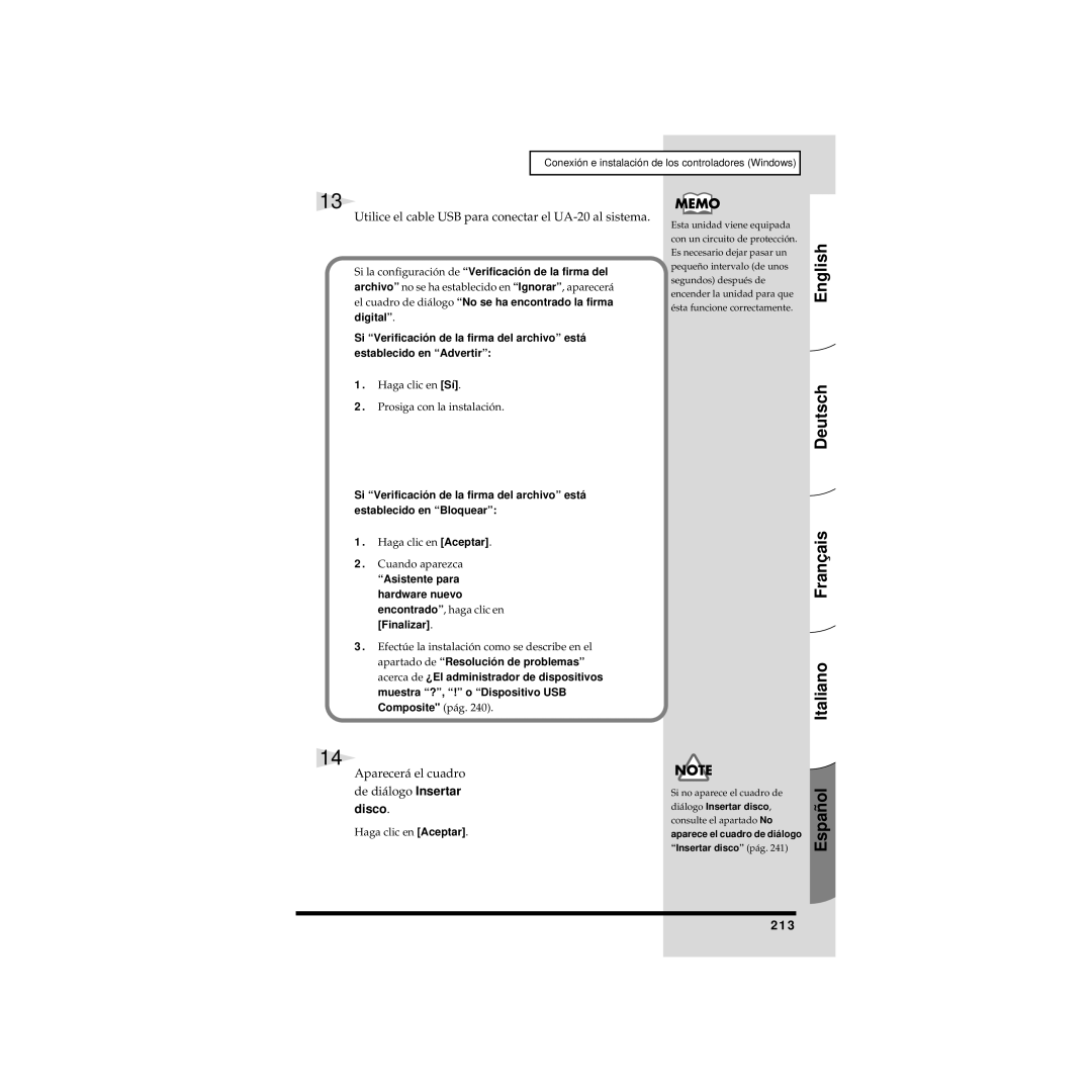 Edirol UA-20 owner manual Aparecerá el cuadro de diálogo Insertar, Disco, 213, Haga clic en Sí Prosiga con la instalación 