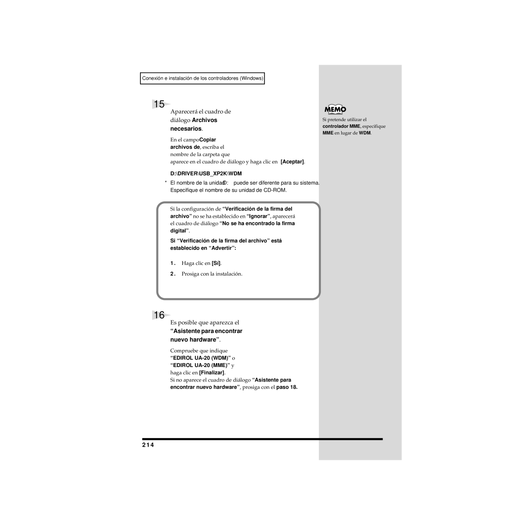 Edirol UA-20 Diálogo Archivos necesarios, Es posible que aparezca el, Asistente para encontrar nuevo hardware, 214 