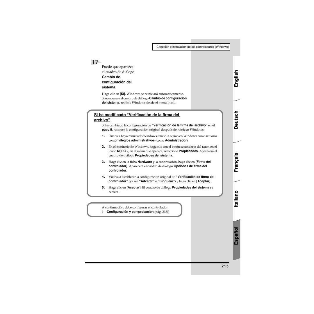 Edirol UA-20 Si ha modificado Verificación de la firma del archivo, Puede que aparezca el cuadro de diálogo, 215 