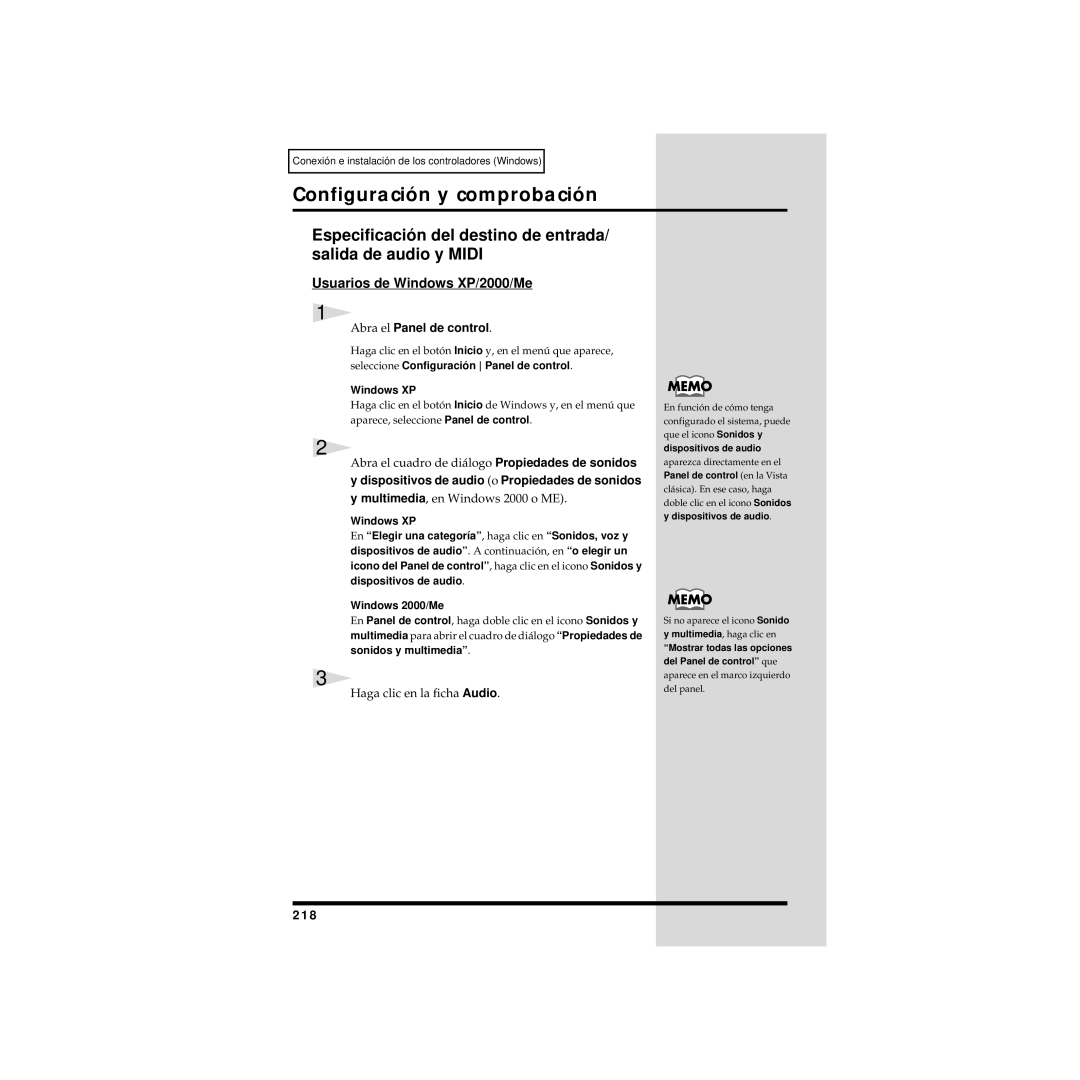 Edirol UA-20 owner manual Configuración y comprobación, Usuarios de Windows XP/2000/Me, Abra el Panel de control, 218 