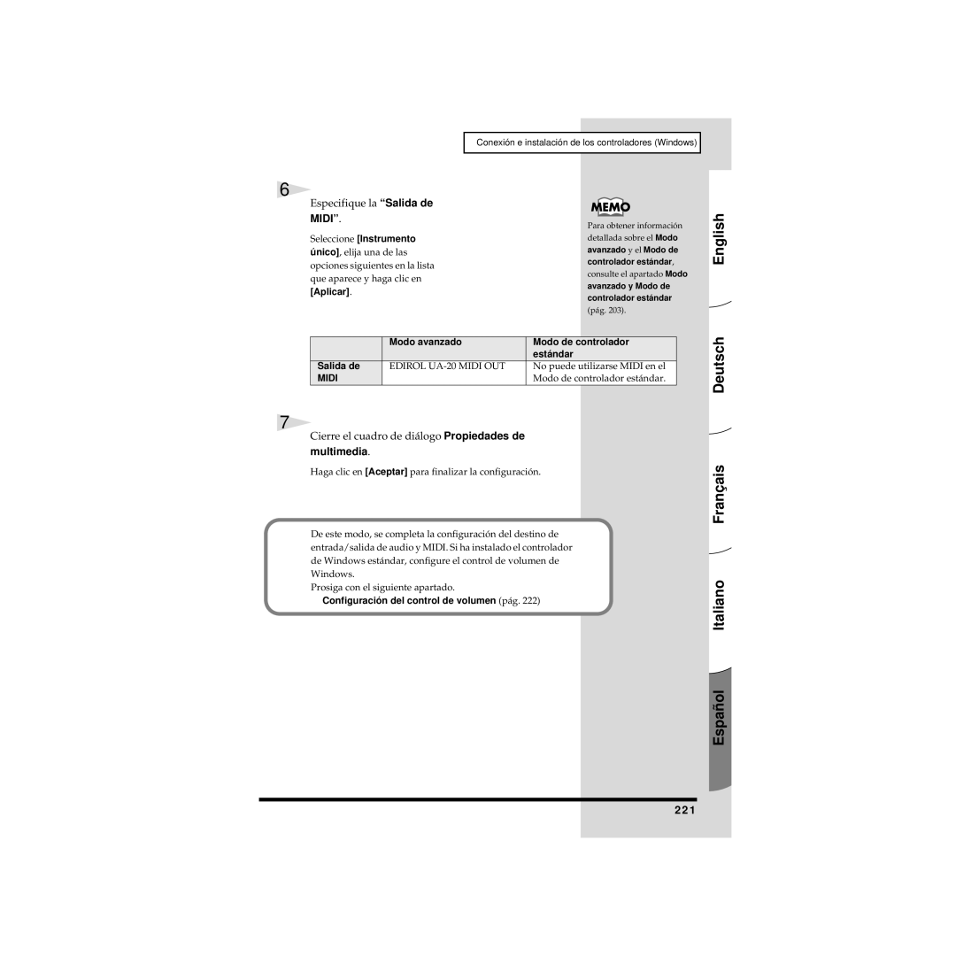 Edirol UA-20 owner manual Especifique la Salida de, Cierre el cuadro de diálogo Propiedades de, 221 