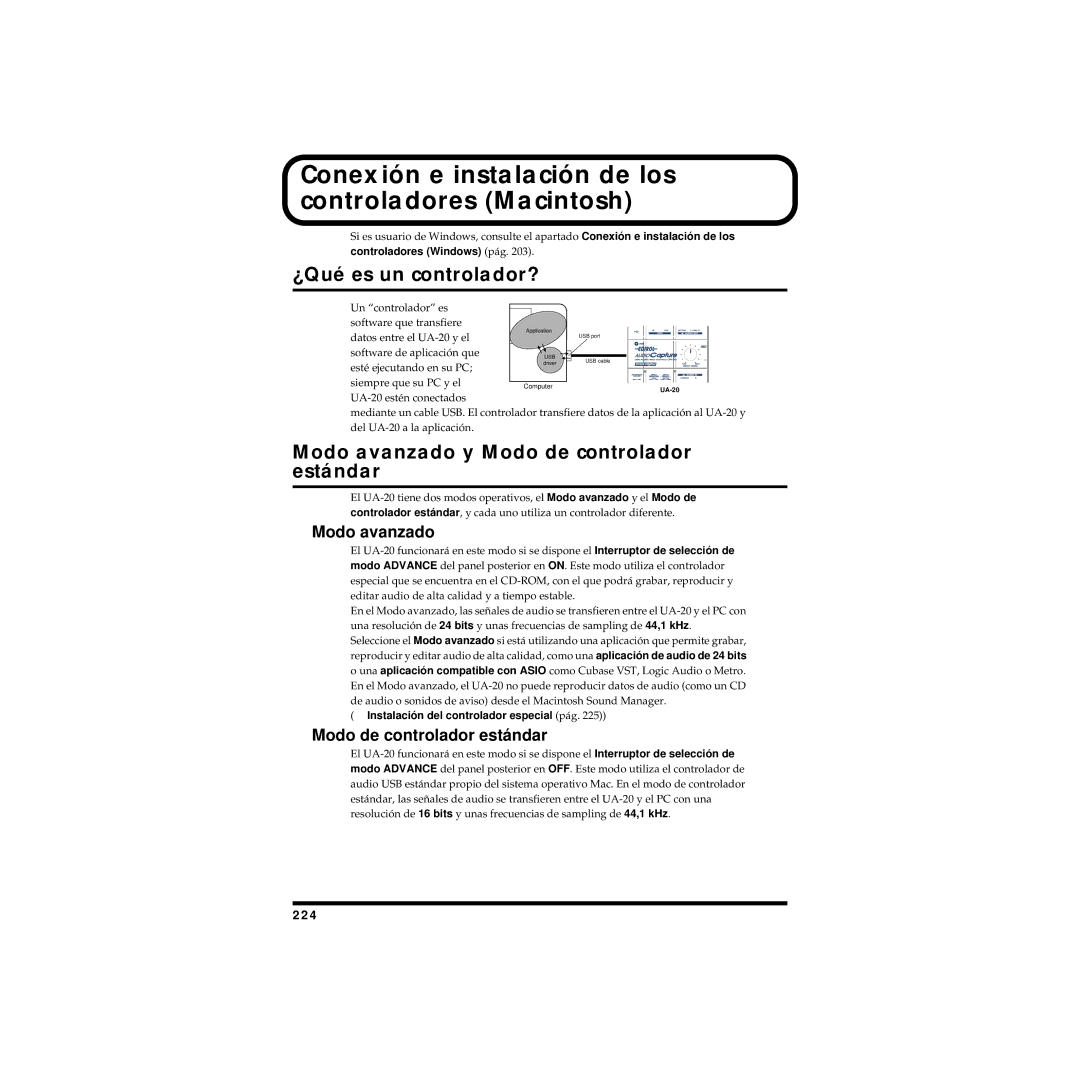 Edirol UA-20 Conexión e instalación de los controladores Macintosh, 224, Instalación del controlador especial pág 