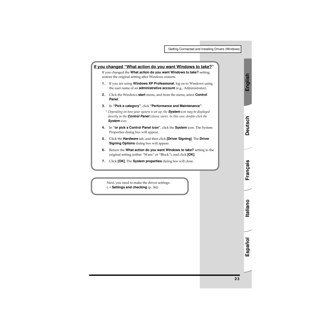 Edirol UA-20 If you changed What action do you want Windows to take?, Pick a category, click Performance and Maintenance 