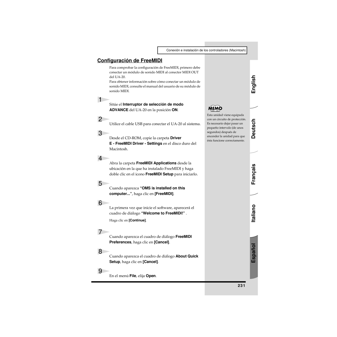 Edirol UA-20 owner manual Configuración de FreeMIDI, FreeMIDI Driver Settings en el disco duro del Macintosh, 231 