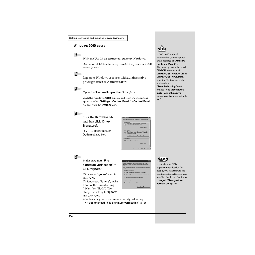 Edirol UA-20 owner manual Windows 2000 users, Signature, Make sure that File signature verification is set to Ignore 