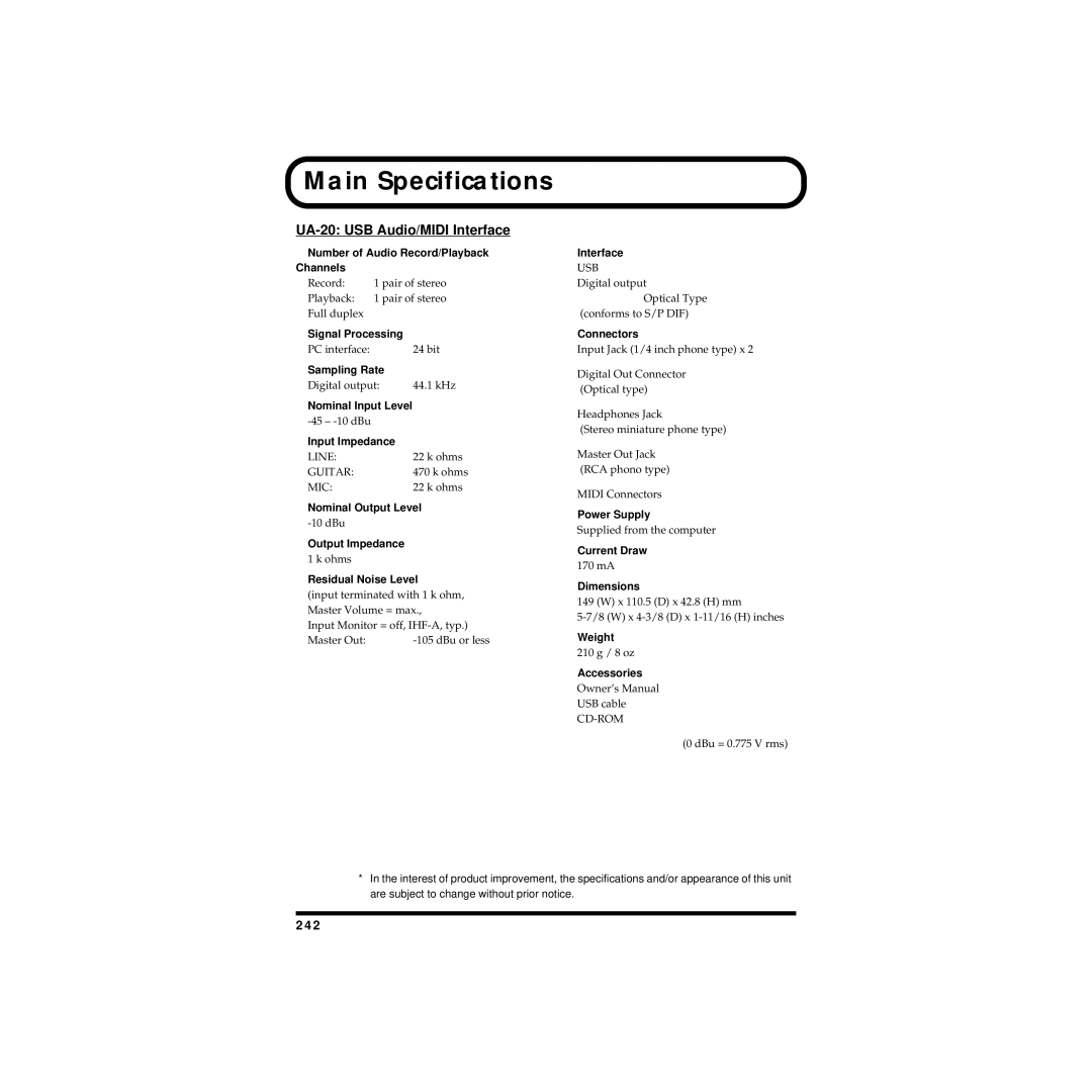 Edirol owner manual Main Specifications, UA-20 USB Audio/MIDI Interface 