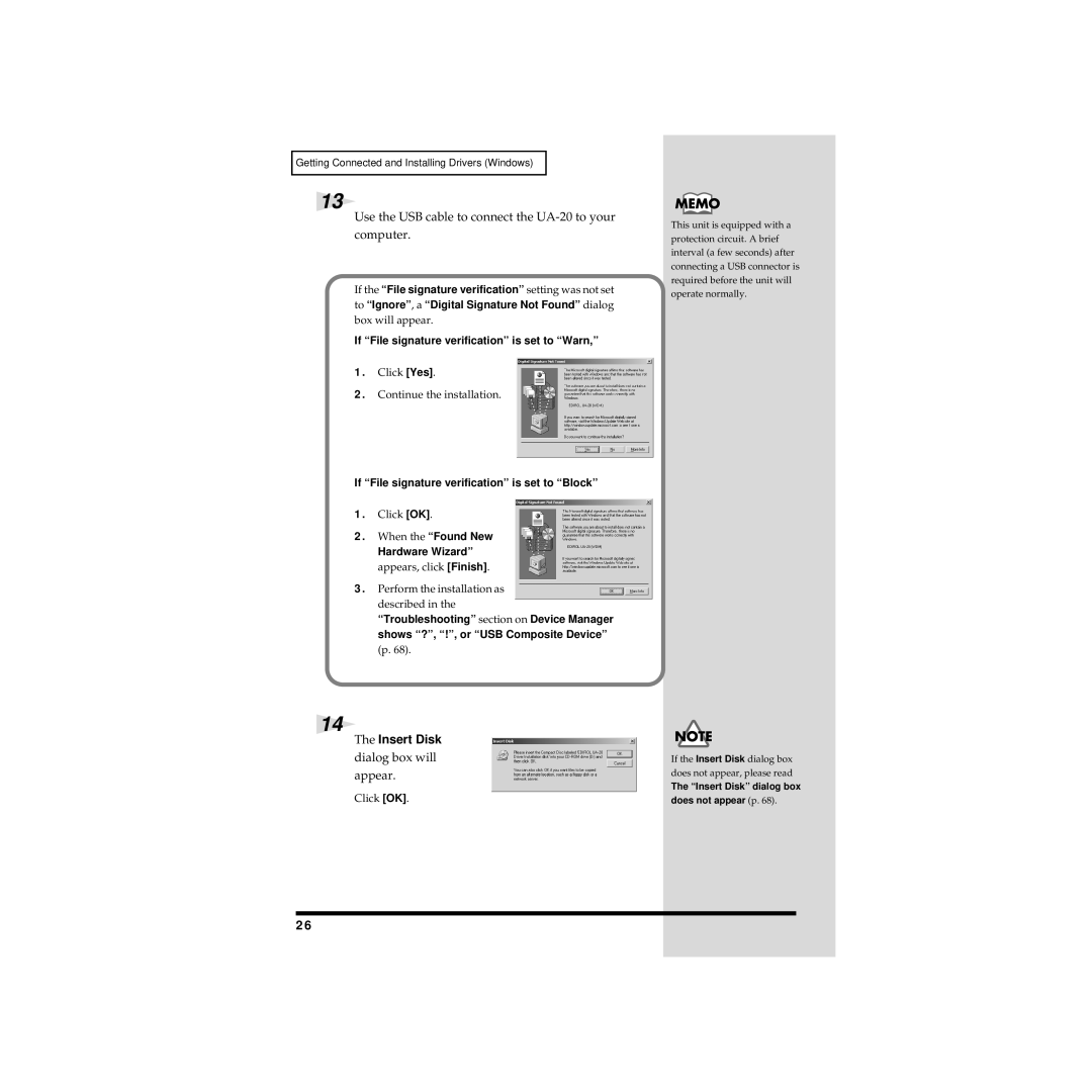 Edirol UA-20 owner manual Insert Disk, Dialog box will appear, If File signature verification is set to Warn 
